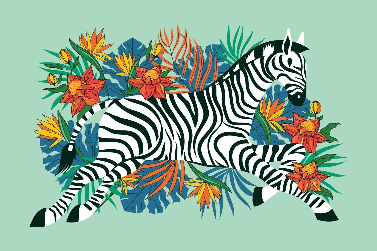 cebra salvaje con fondo de flores tropicales exóticas vector