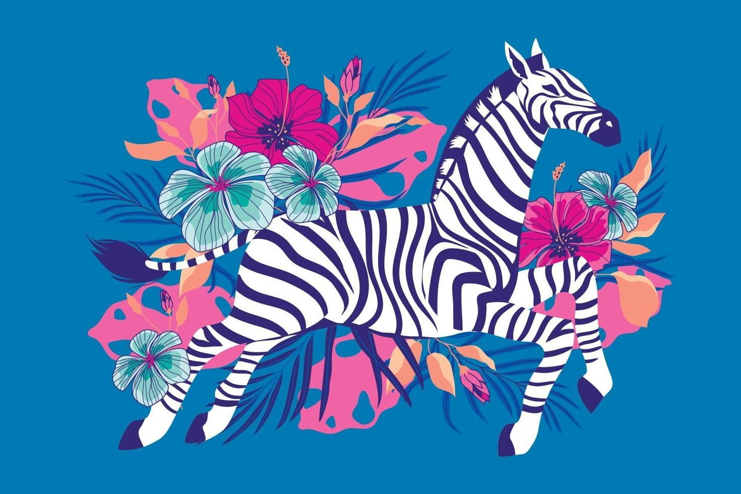 Wild zebra with exotic tropical flower background vector