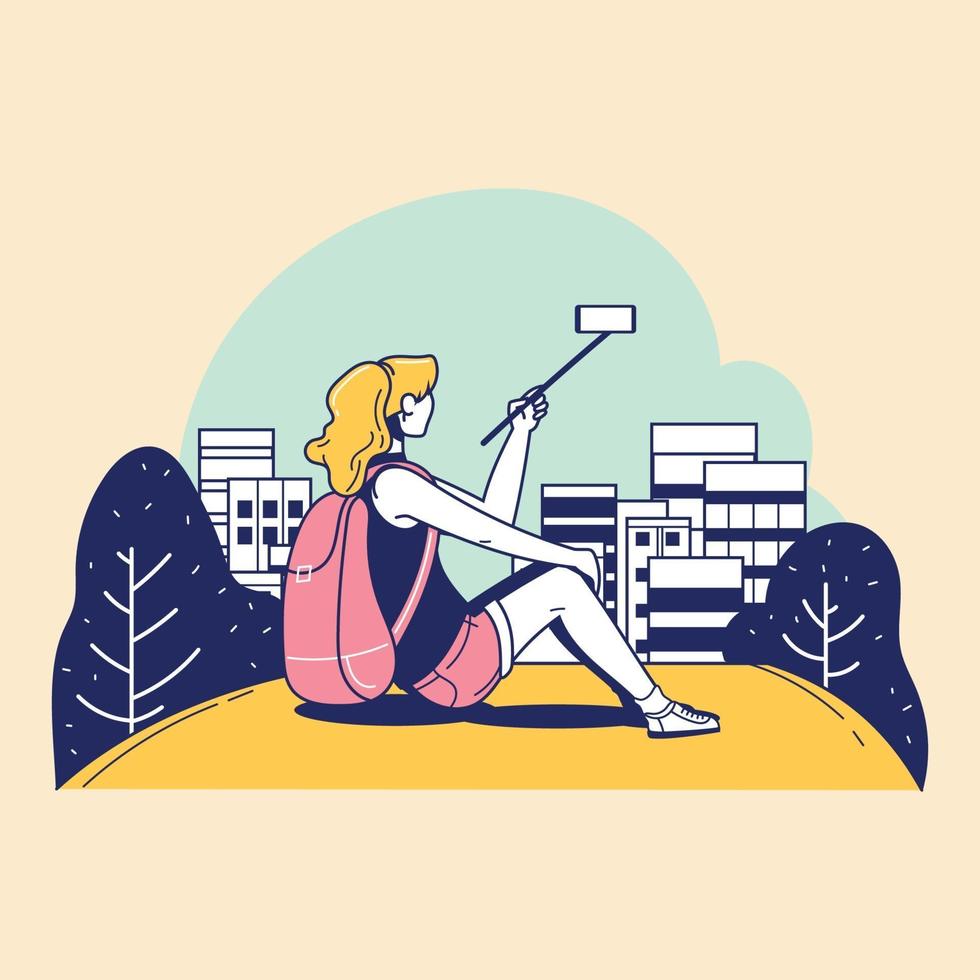 Young tourist with a backpack taking selfie vector