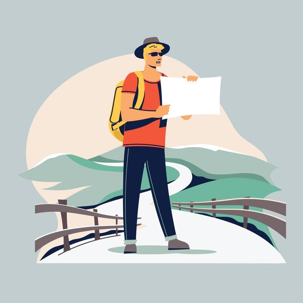 Young tourist with a backpack walking vector