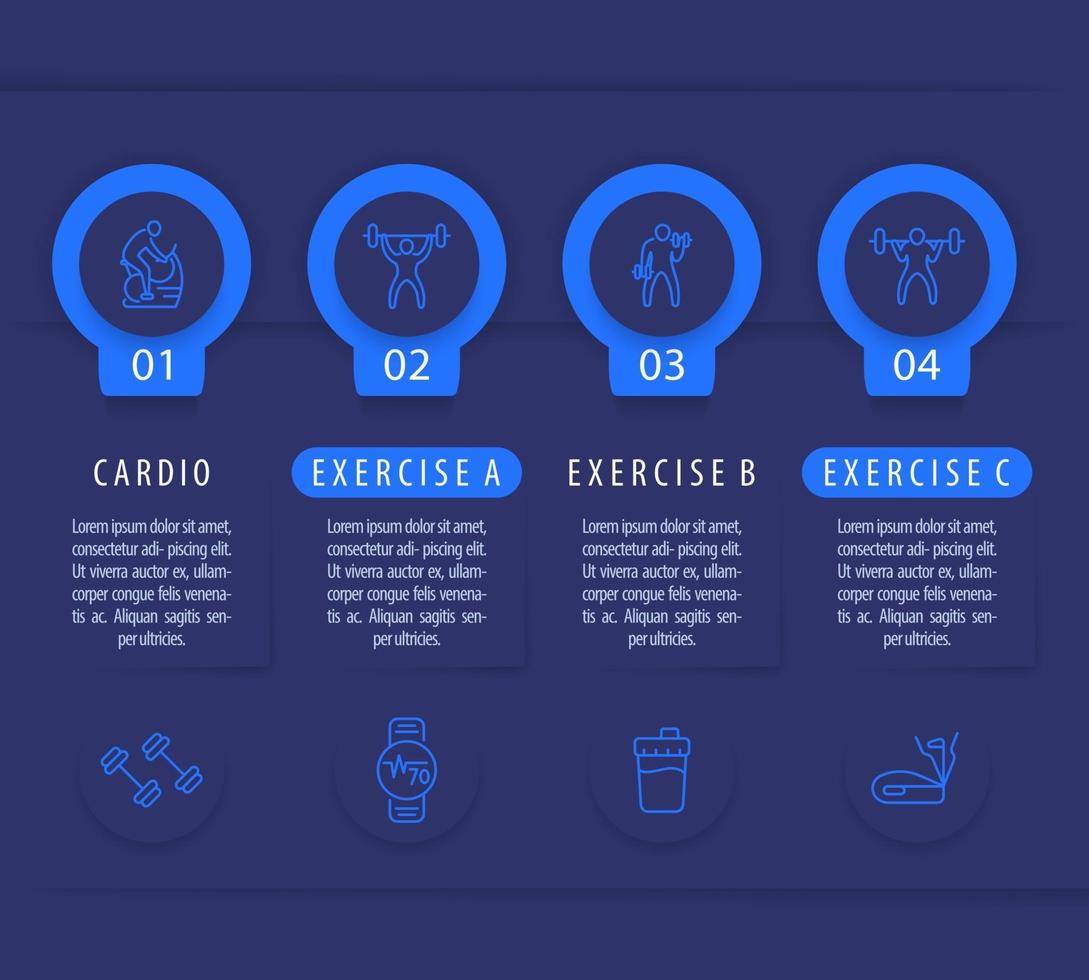 Gym training and workout, 4 steps infographic template vector