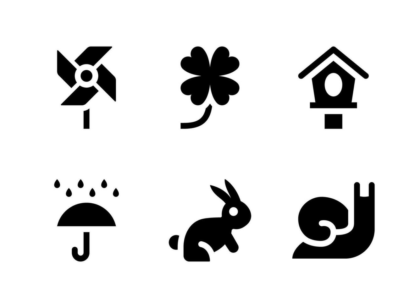 simple conjunto de iconos sólidos vectoriales relacionados con la primavera. contiene iconos como molinete, trébol, casa de pájaros, lluvia y más. vector