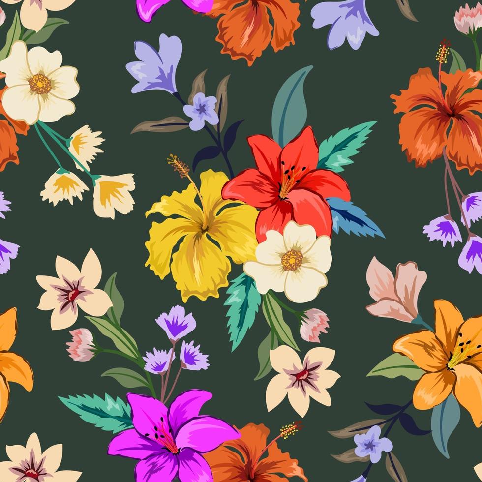 Patrón transparente de colores con diseño floral botánico sobre fondo oscuro. vector