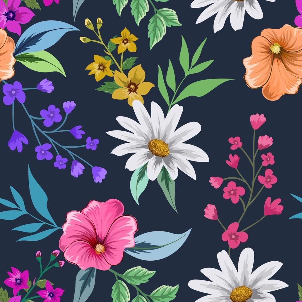 Patrón transparente de colores con diseño floral botánico sobre fondo oscuro. vector