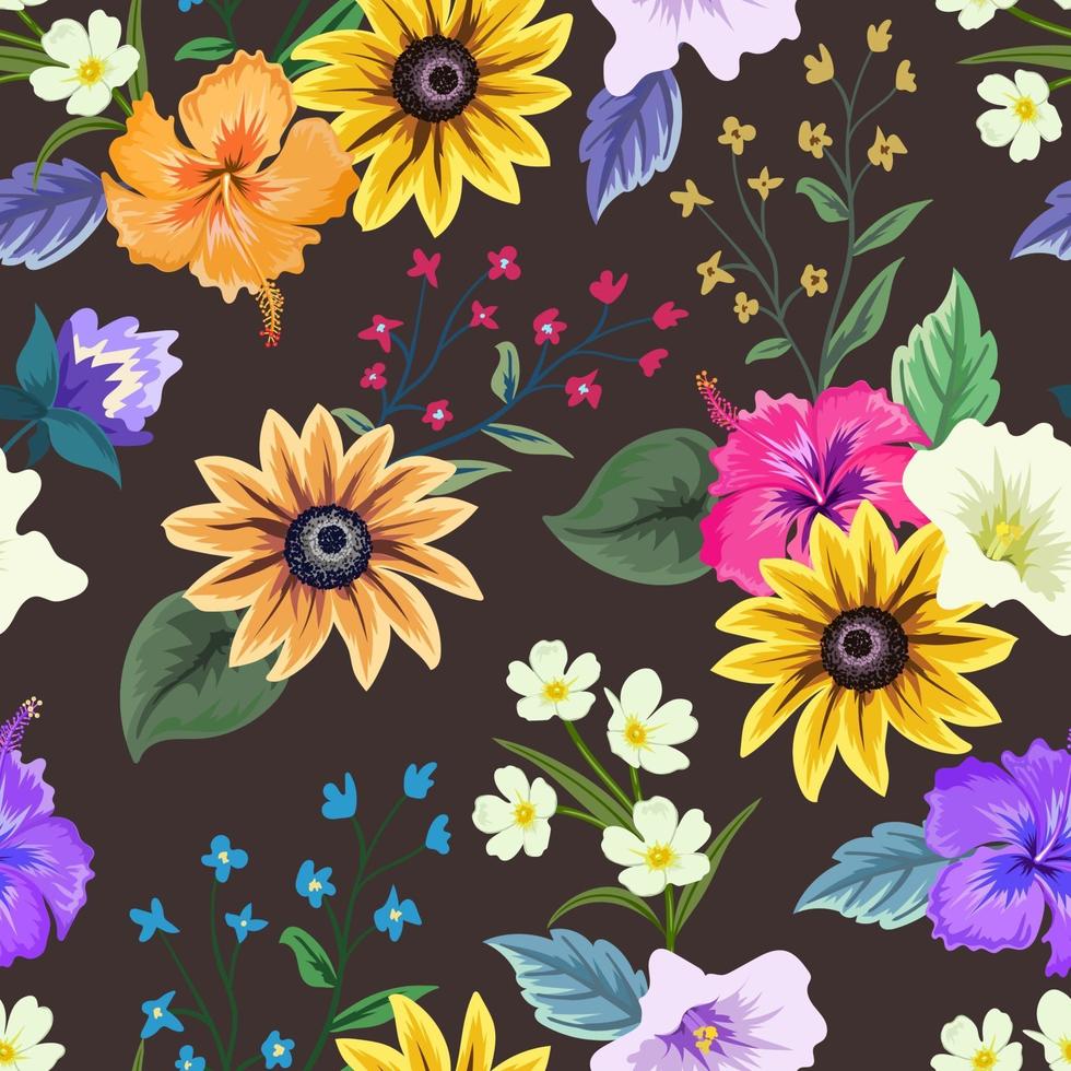 Colorful seamless pattern with botanical floral design on dark background. vector