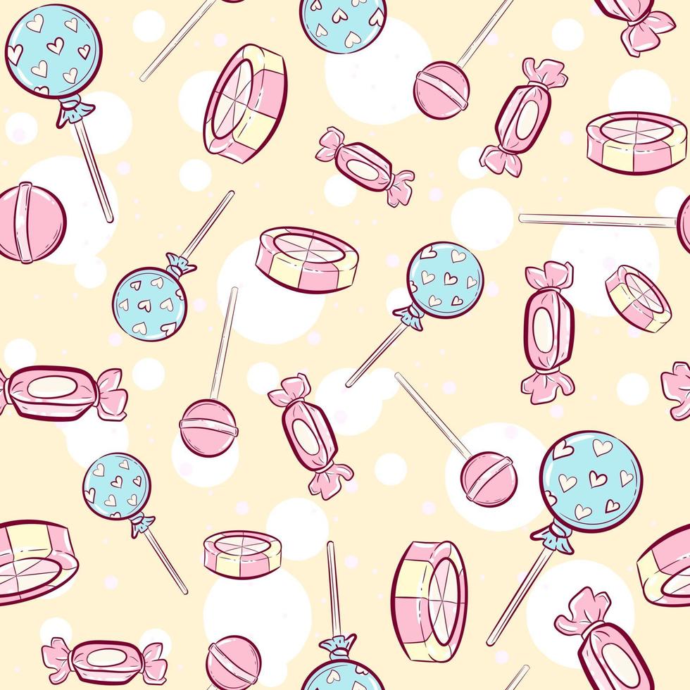 Kawaii pink seamless pattern with candies. Repetitive sweet background with peppermint, hard candies and lollipops. Pastel wallpaper for kids and babies. vector