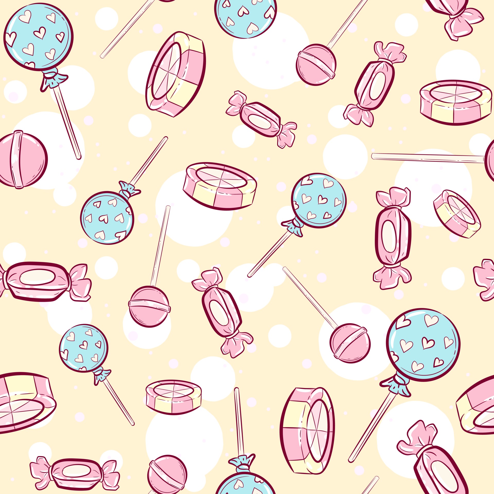 Kawaii pink seamless pattern with candies. Repetitive sweet background with  peppermint, hard candies and lollipops. Pastel wallpaper for kids and  babies. 1990168 Vector Art at Vecteezy