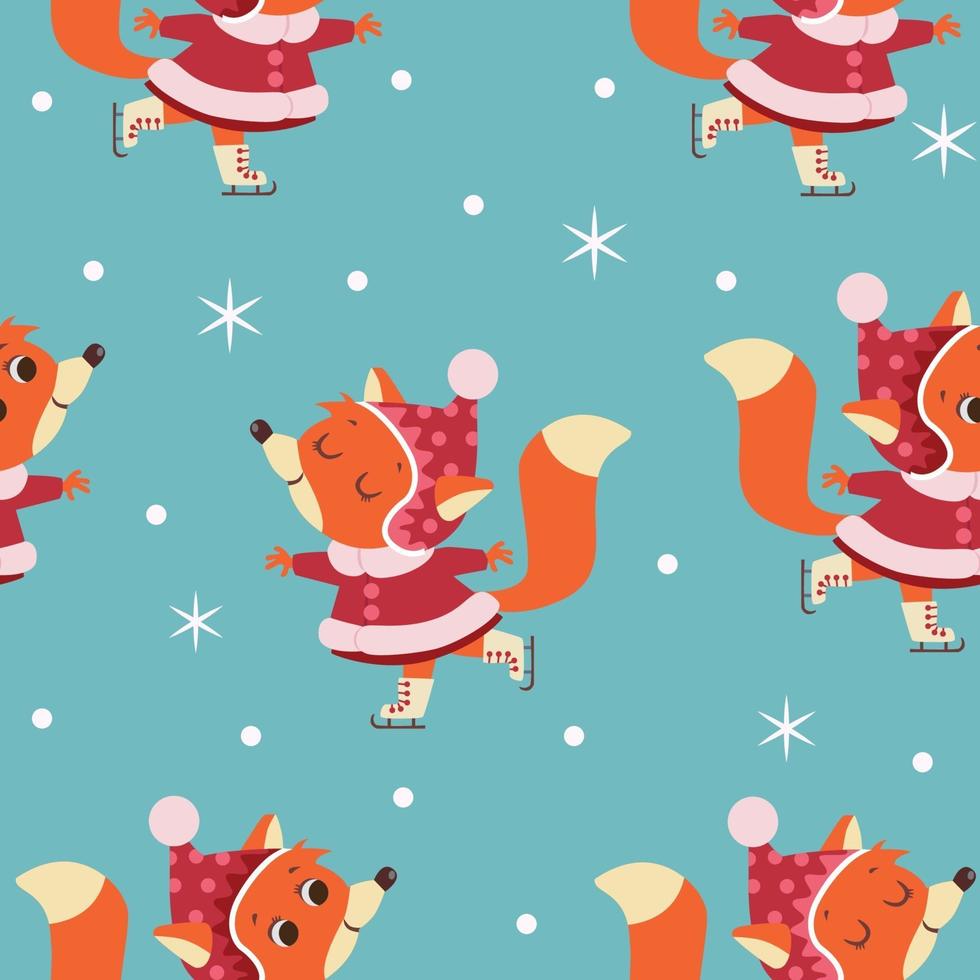 Winter seamless pattern with fox in coat on ice rink. Vector illustration.
