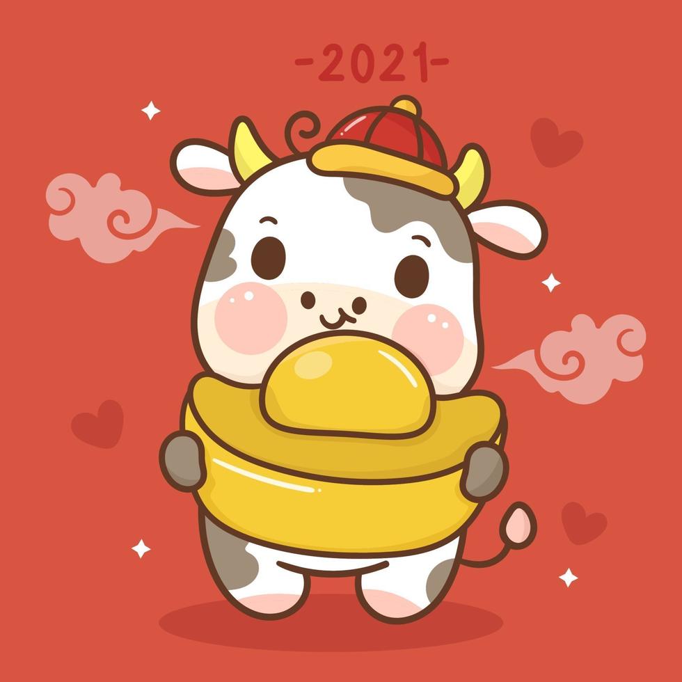 Zodiac of ox cartoon animal character traditional Happy Chinese new year holding gold ingots. Cute cow vector kawaii bull. Wish you good fortune on coming year.