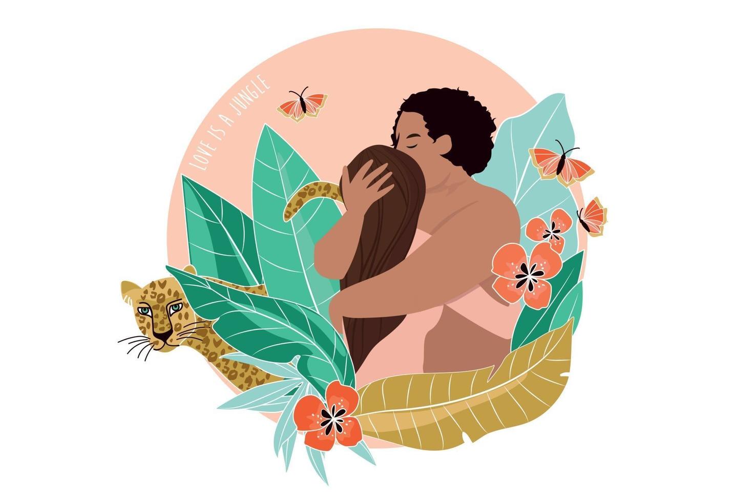 Romantic couple in the jungle, with butterfly, leopard and colored leaves. Embrancing lovers, free love. Love couple outdoors nature together, vector illustration. Couple in love man and girl on romantic jungle.