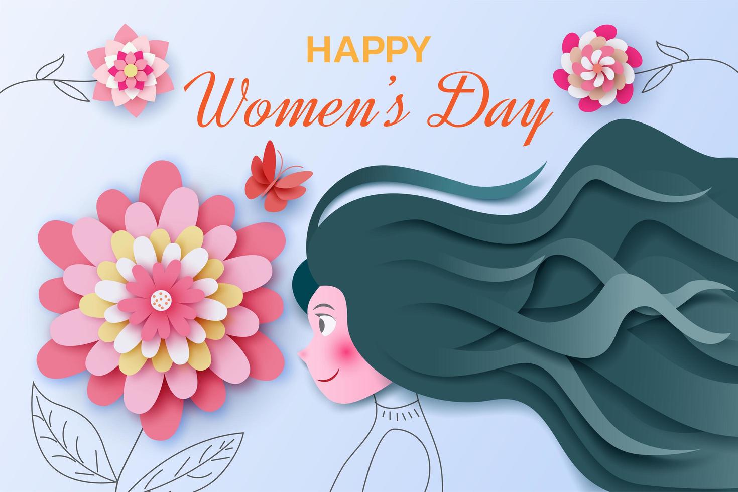 día internacional de la mujer con niña y flores en papel vector