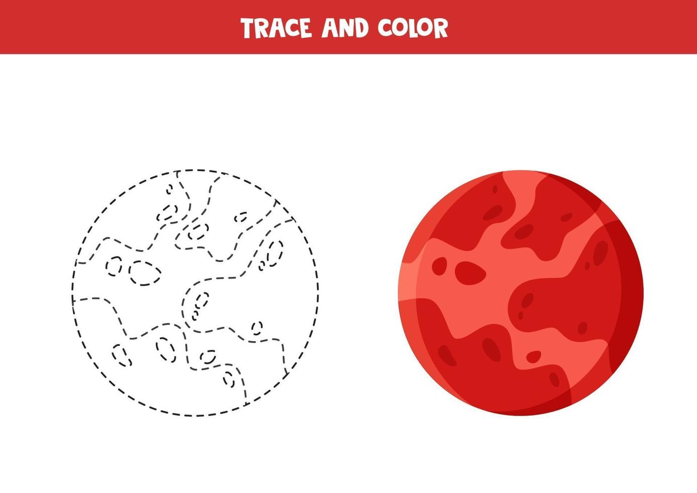 Trace and color cartoon Mars planet. Funny worksheet for kids. vector