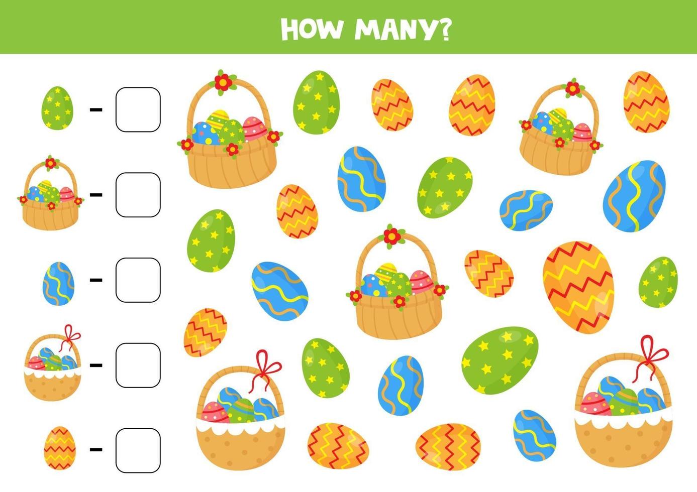 Counting game with Easter eggs and baskets. Math worksheet. vector