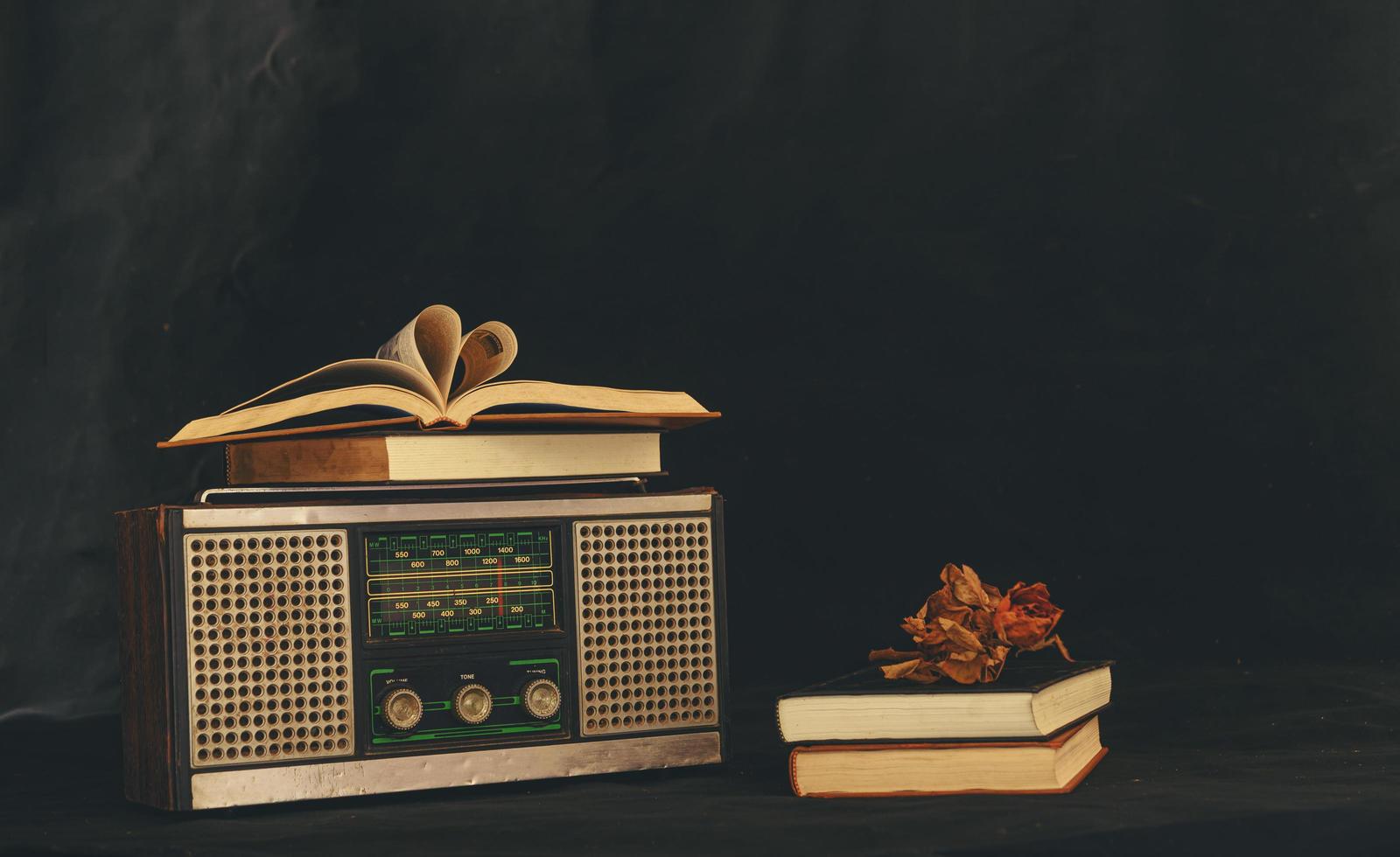 Heart-shaped books placed on retro radio receivers with dried flowers photo