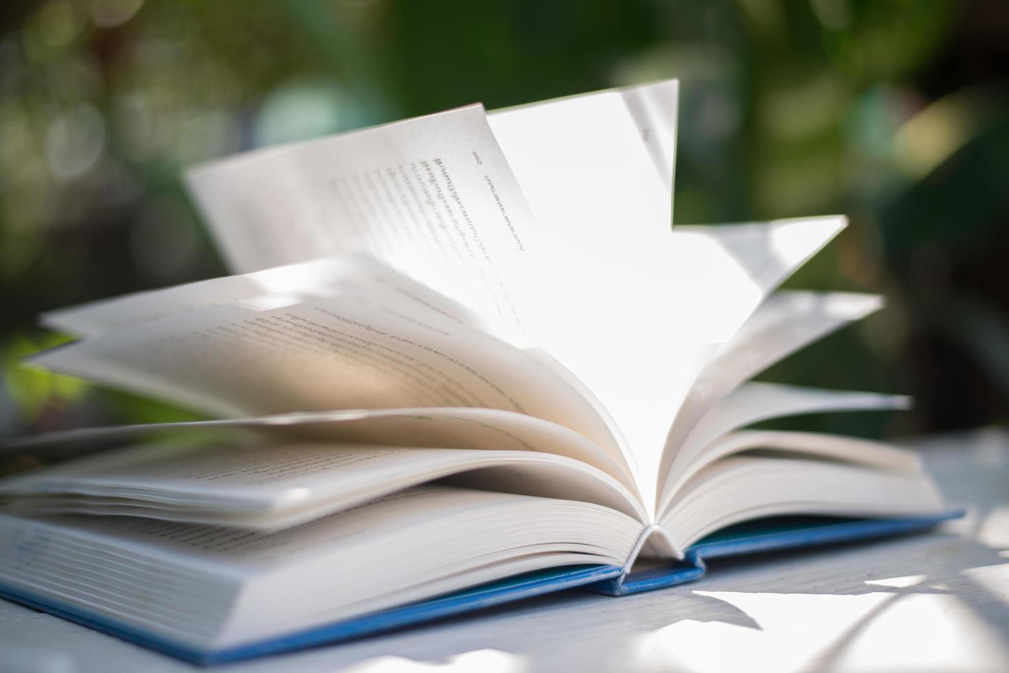 Close-up of open book with nature bokeh background photo