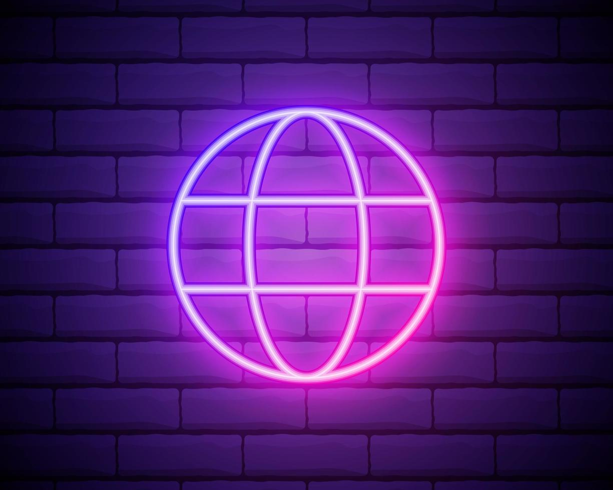 Globe neon sign. Night bright advertisement. Vector illustration in neon style for geography and knowledge