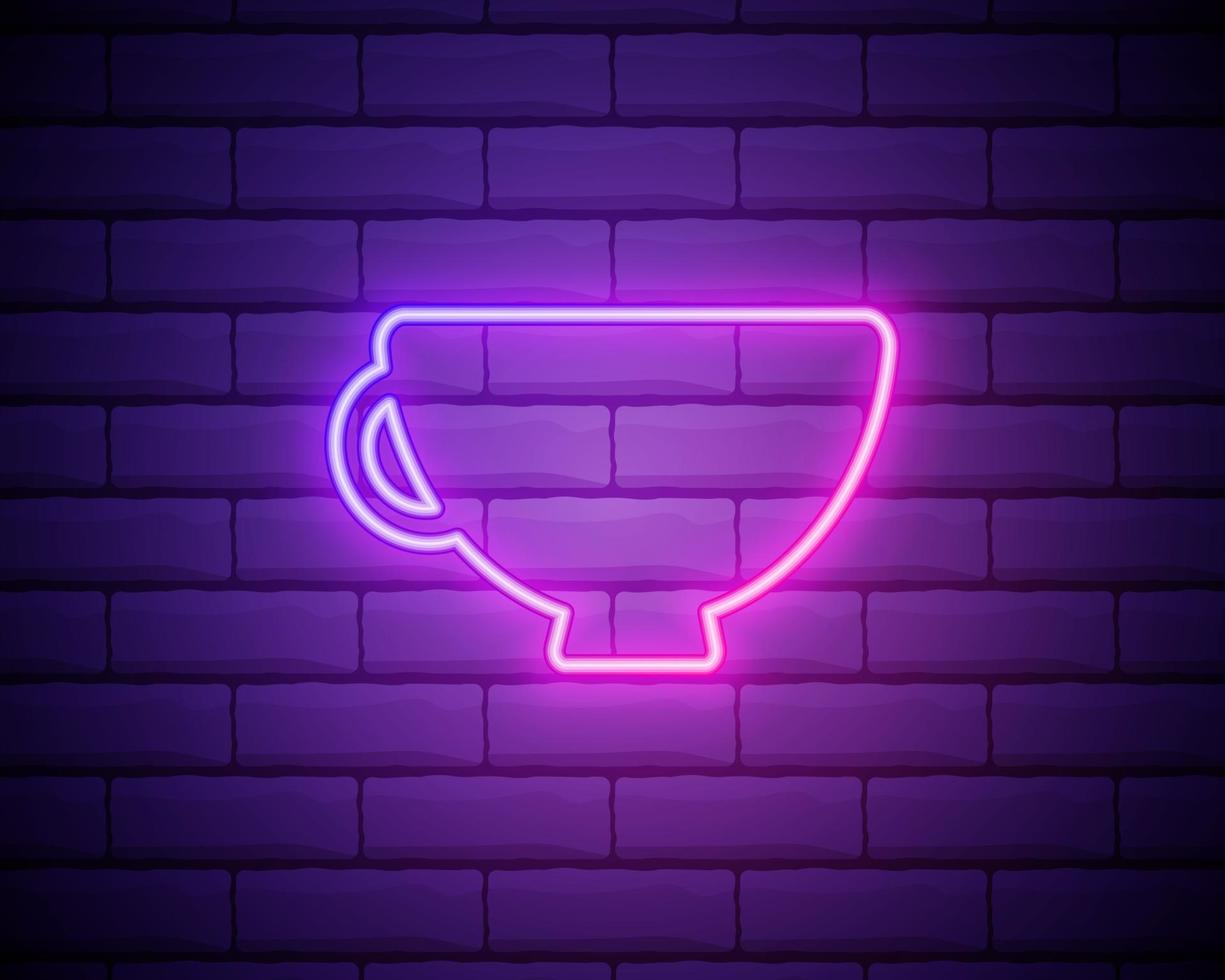 Glowing neon coffee cup icon on a dark brick wall background. Light effect hot beverage or cafe sign. Vector illustration.