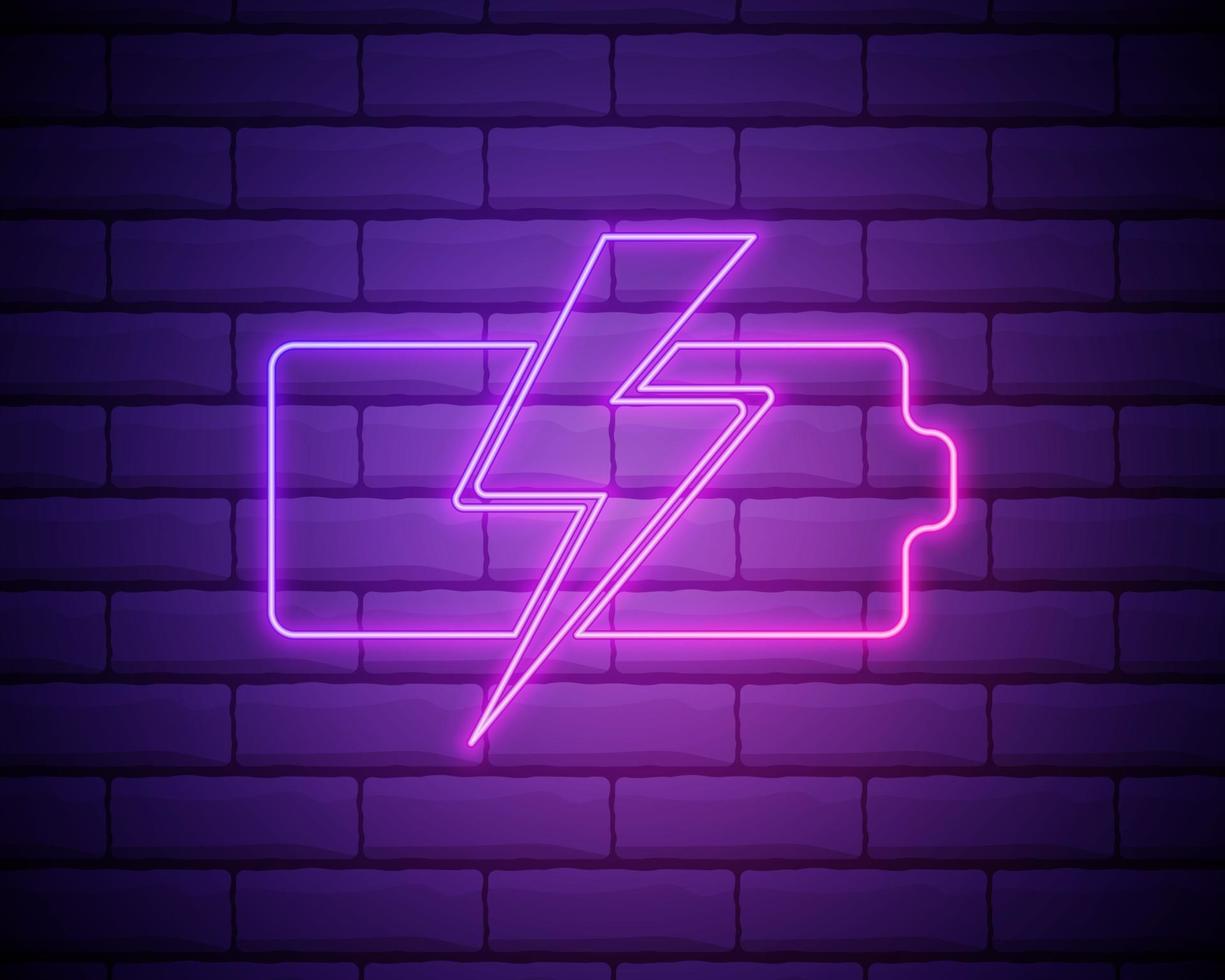 Charging battery with lightning sign, technology icon. Pink neon style on brick wall background. Light icon vector