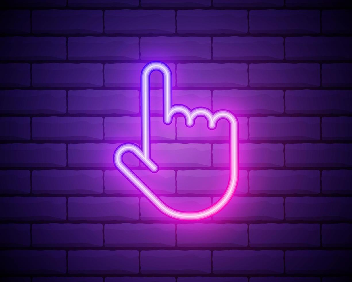 Neon sign hand pointing finger. Pink sign on a brick wall background. vector illustration.