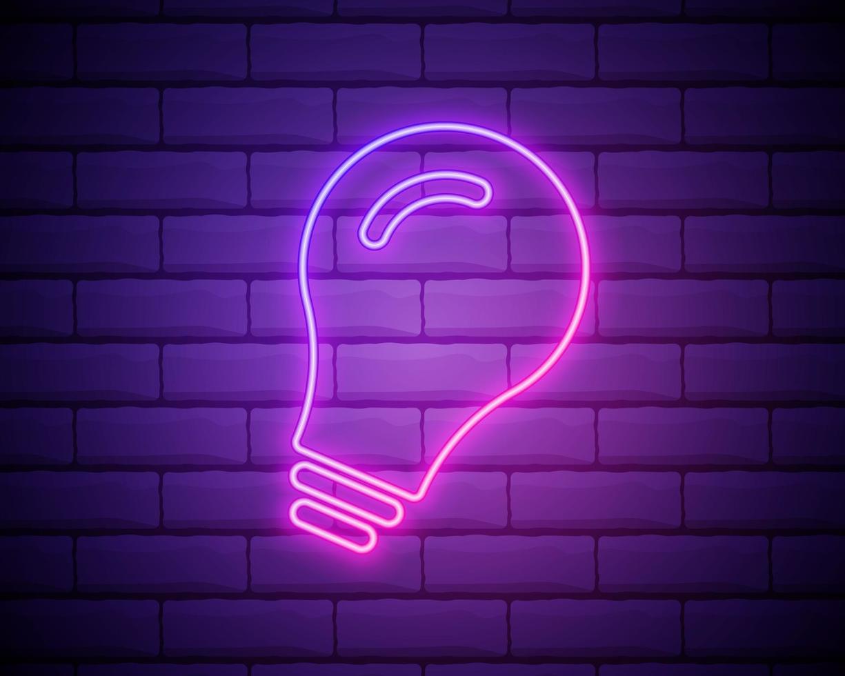 Neon led lamp flat icon. Illustration of modern eco lamp or fresh idea in the night. Isolated on bricked wall background line art. vector