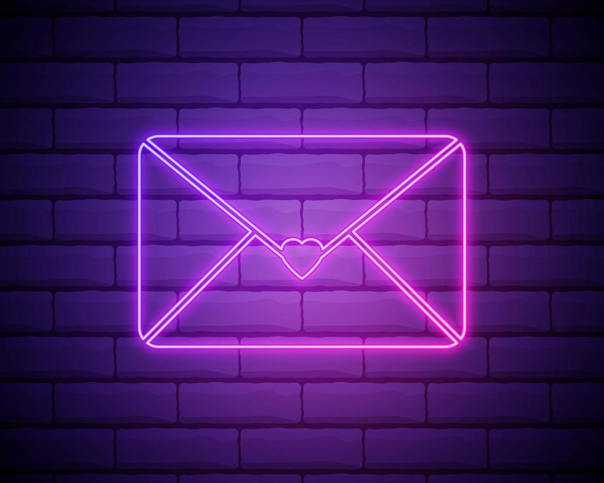 Neon love letter icon isolated on brick wall background. envelope with pink heart stamp. St. Valentine Day, mail, love correspondence concept. Vector 10 EPS illustration.