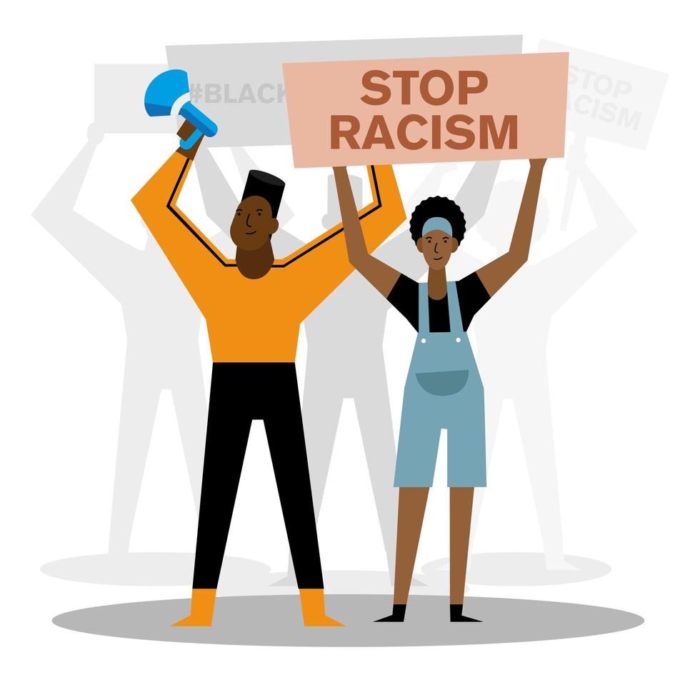 stop racism black lives matter banner with megaphone, woman, and man vector design