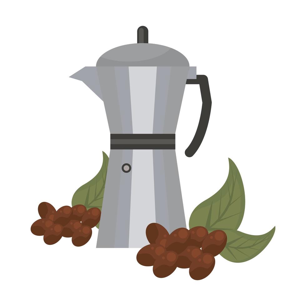 granos de café y hojas con hervidor vector