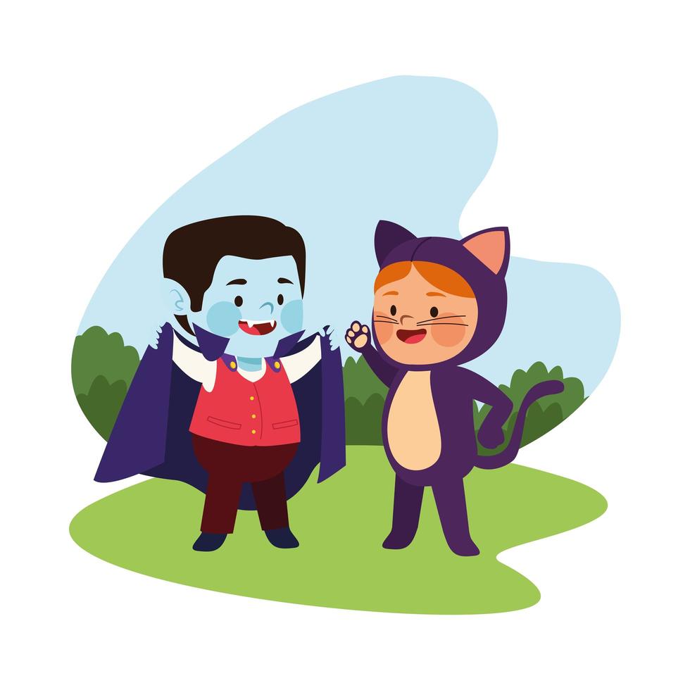 cute little kids dressed as a dracula and cat vector