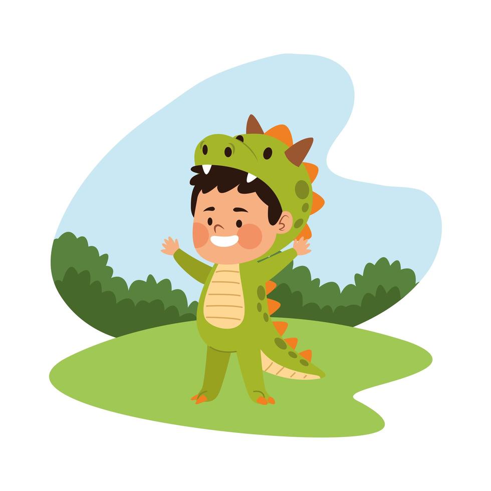 cute little boy dressed as a dinosaur character vector