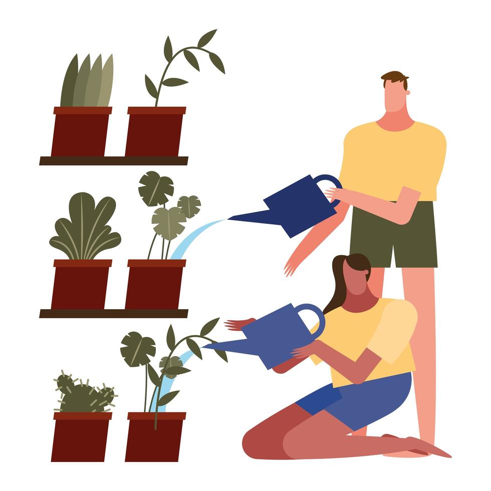mujer y hombre cuidando plantas vector