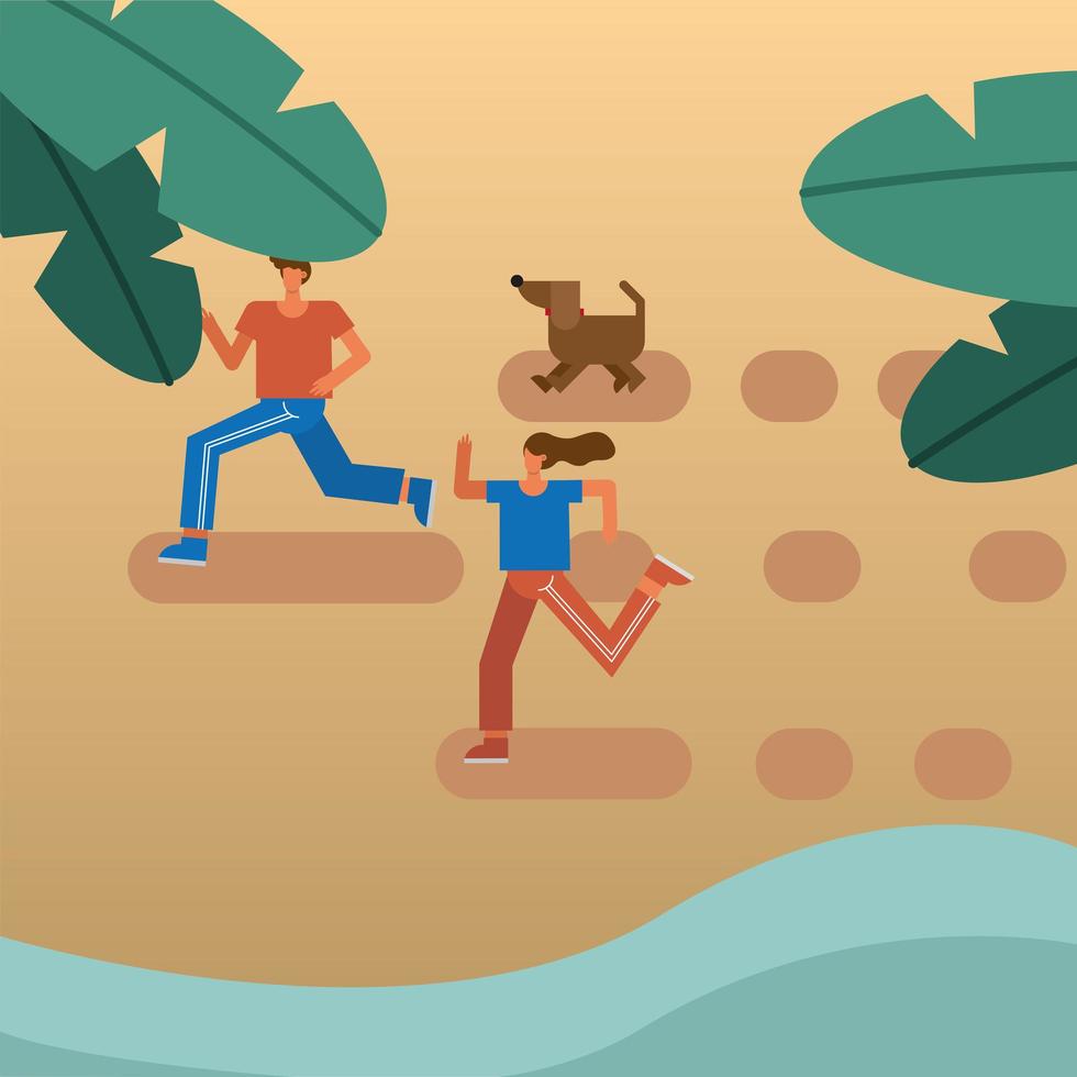 young couple running with the dog at the beach vector