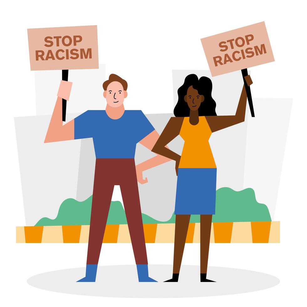 detener el racismo, las vidas negras importan pancartas con diseño vectorial de mujer y hombre vector