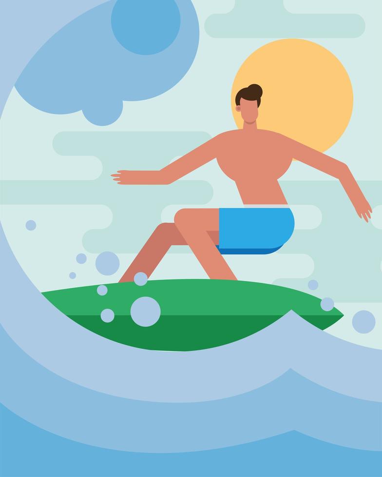 young man wearing a swimsuit and surfing vector