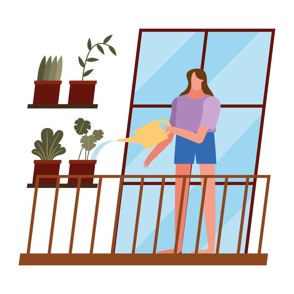 mujer cuidando plantas en casa vector