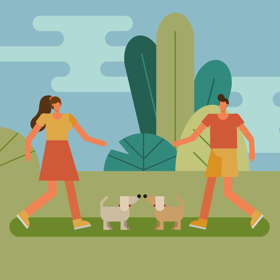 young couple walking the dogs vector