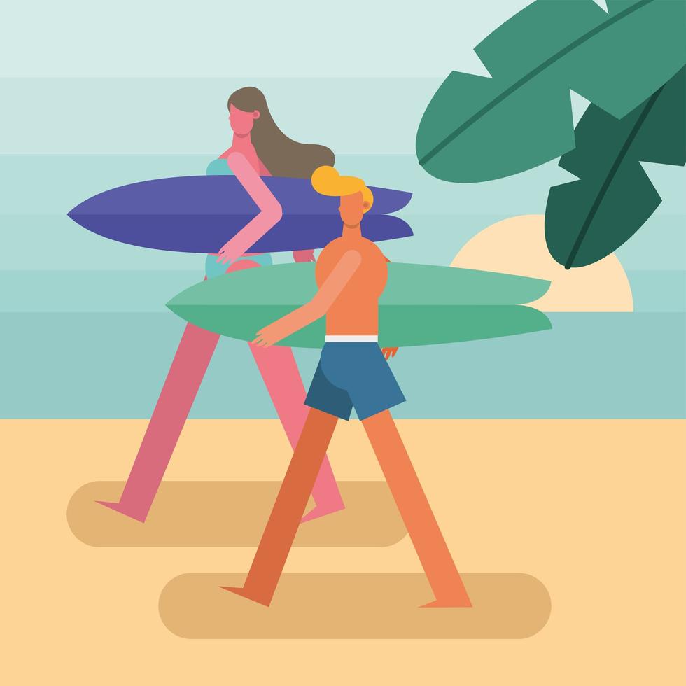 young couple wearing swimsuits and walking with surfboards vector