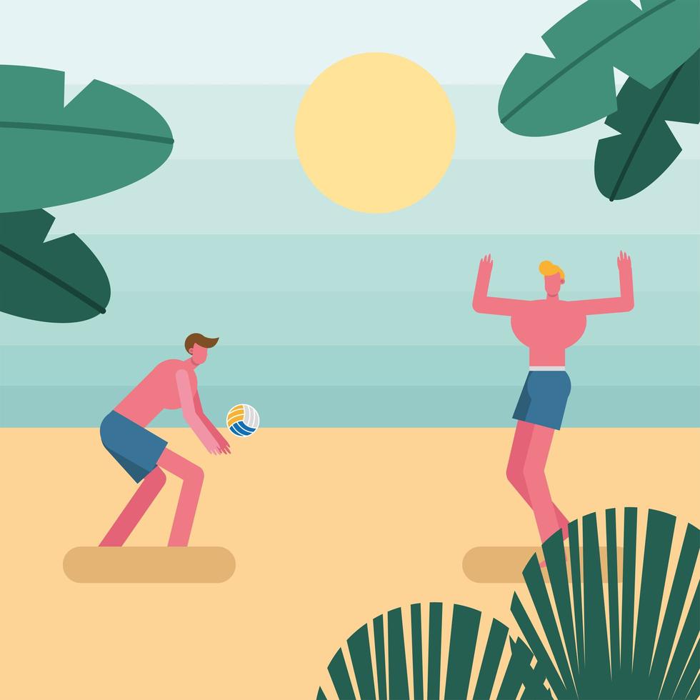 young men wearing swimsuits and playing volleyball vector