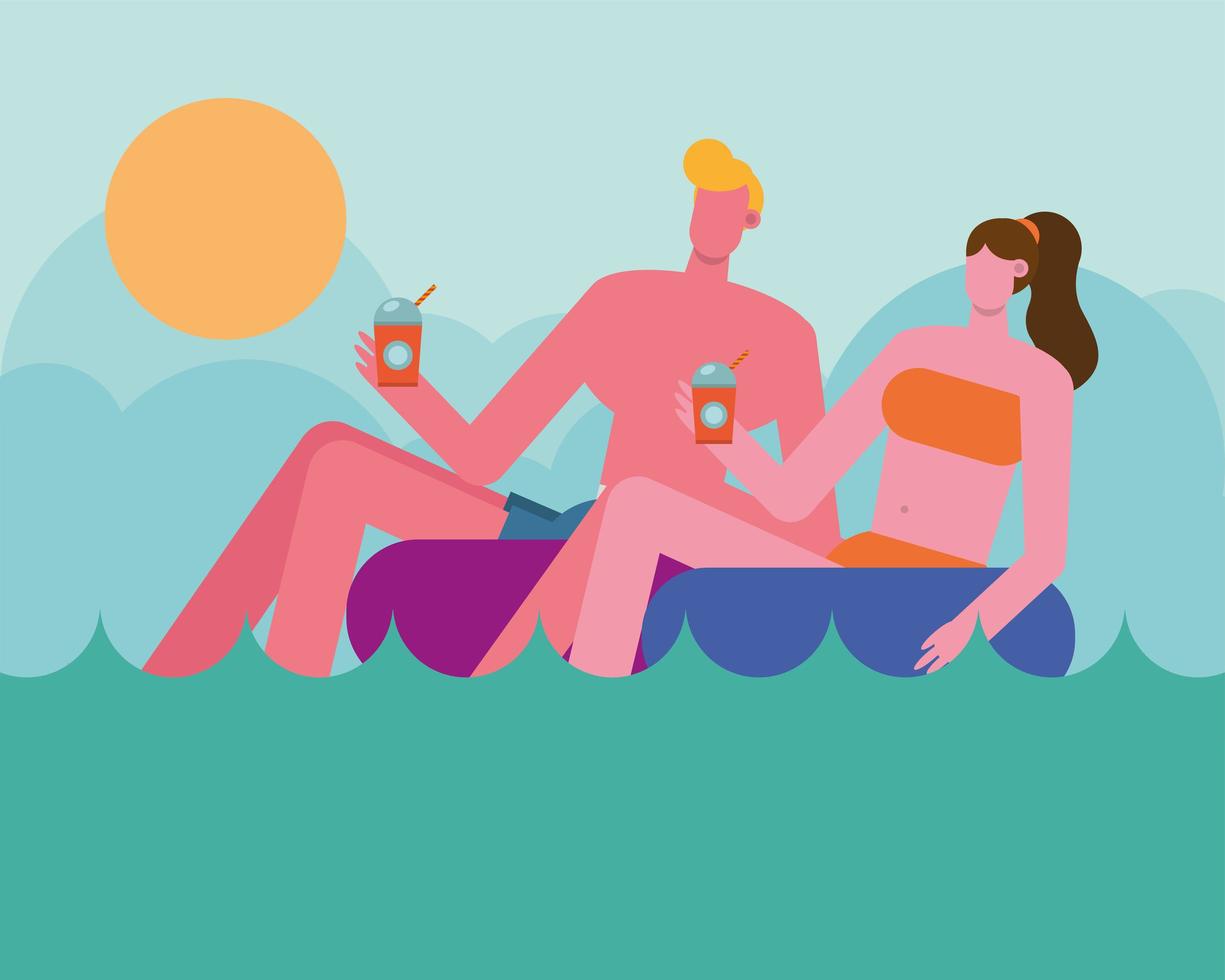 young couple relaxing on floats vector