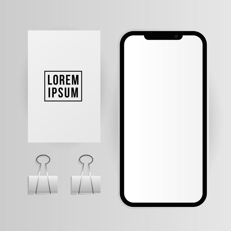 Smartphone, paper and clips mockup vector