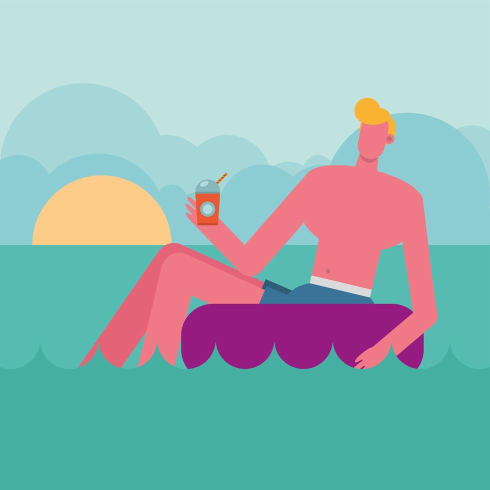 young man wearing a swimsuit and relaxing on the float vector