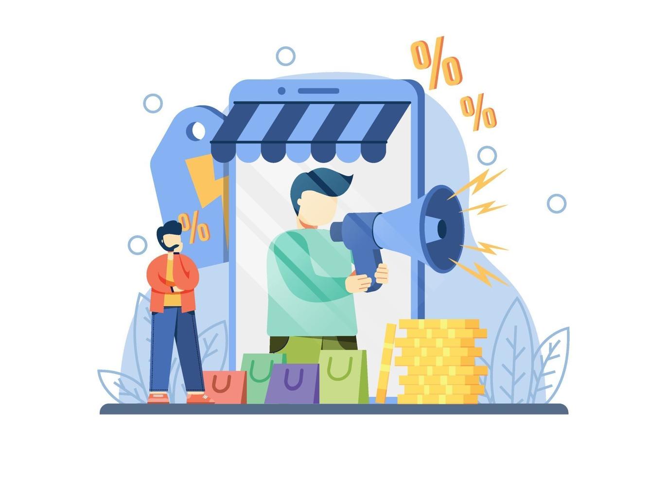 e-commerce promotion big sale concept. A man with megaphone on screen provides discount online shopping announcements .flash sale, special offer, e-commerce shop promotion abstract metaphor. vector