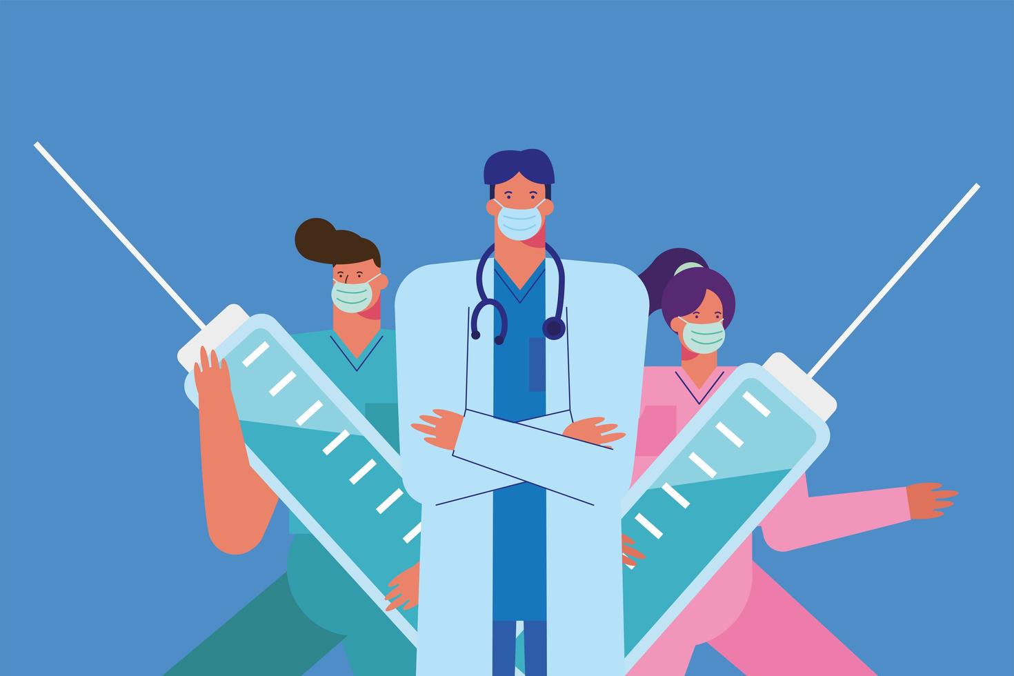 Health care workers with syringes vector