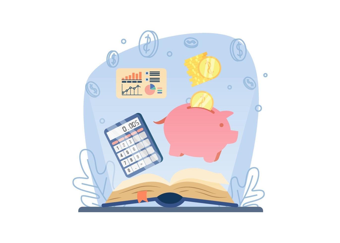 Financial Literacy Webinar Concept. open book with piggy bank, calculator and graph. saving money. can be used for landing pages, web, user interface, banners, templates, backgrounds, flayer. vector