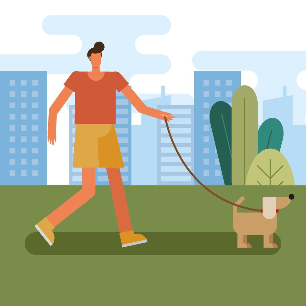 young man walking the dog vector