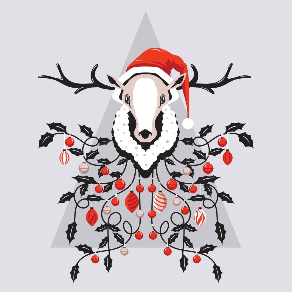 Head of reindeer with Santa hat and Christmas lights vector