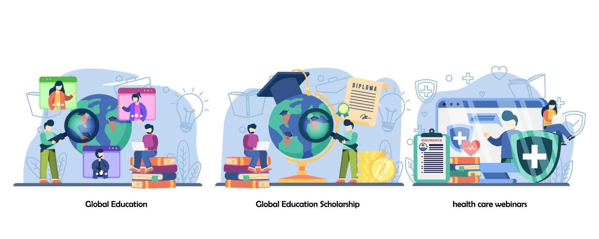 Global Education, Scholarship, Health care webinars.online education, online training icons set. Vector flat design isolated concept metaphor illustrations