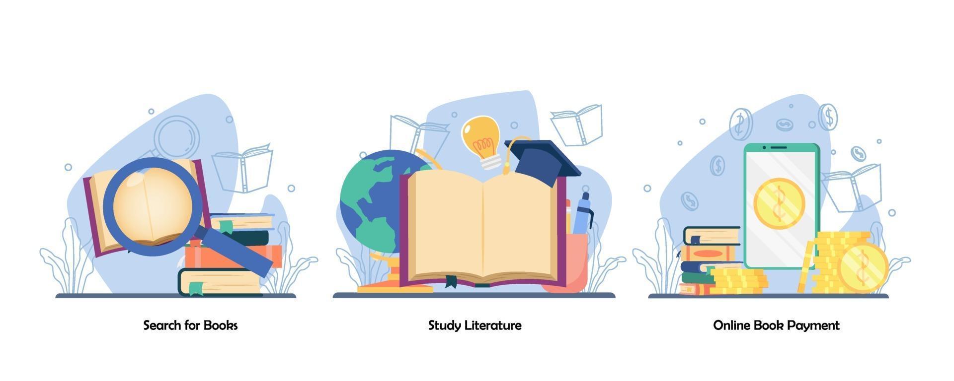 Book exploration, reading book, research, online book payment icon set. search book, study literature, digital bookstore. Vector flat design isolated concept metaphor illustrations