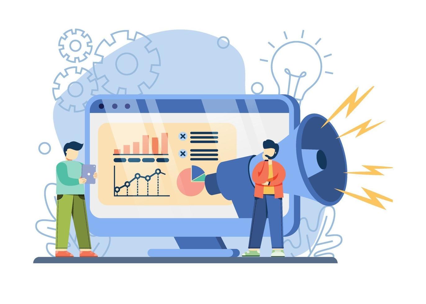 e-commerce promotion concept. big megaphone on screen provides discount online shopping announcements .flash sale, special offer, e-commerce shop promotion, Online shopping abstract metaphor. vector