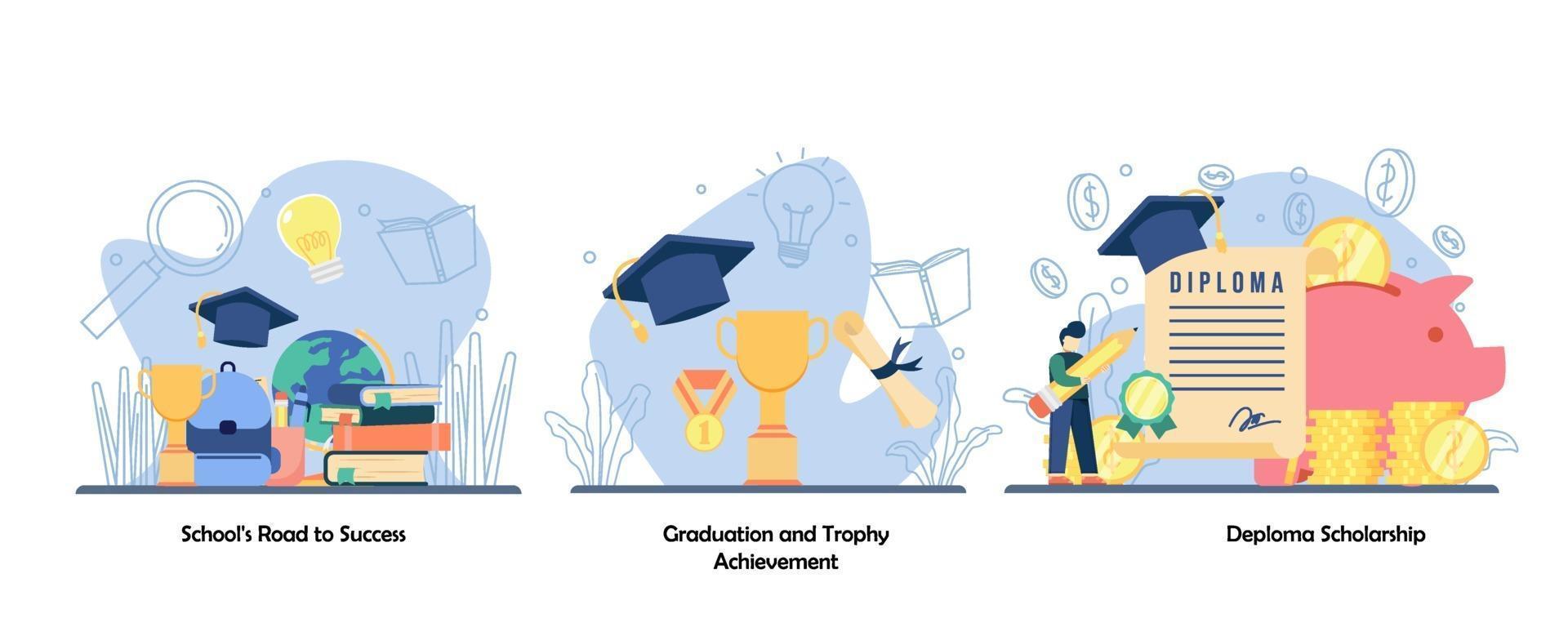 schooling, academic achievement, reward icon set. School road to success, graduation and trophy achievement, deploma scholarship.Vector flat design isolated concept metaphor illustrations vector