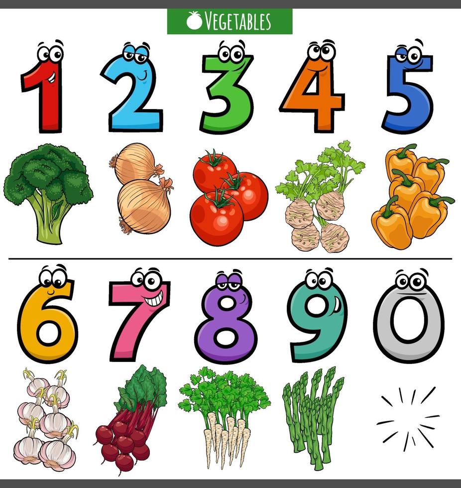 números de dibujos animados educativos con verduras vector